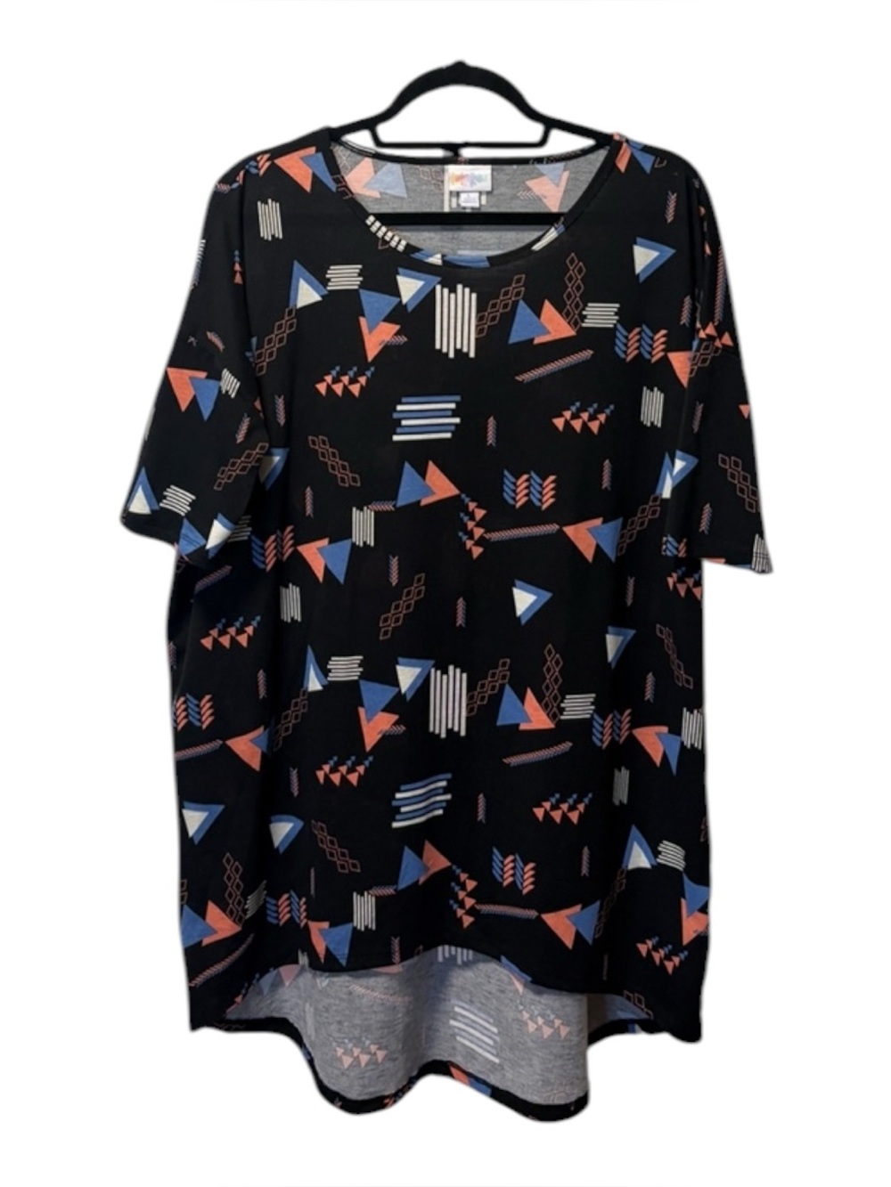 LuLaRoe Black Short Sleeve Tunic with Blue and Coral Geometric Print